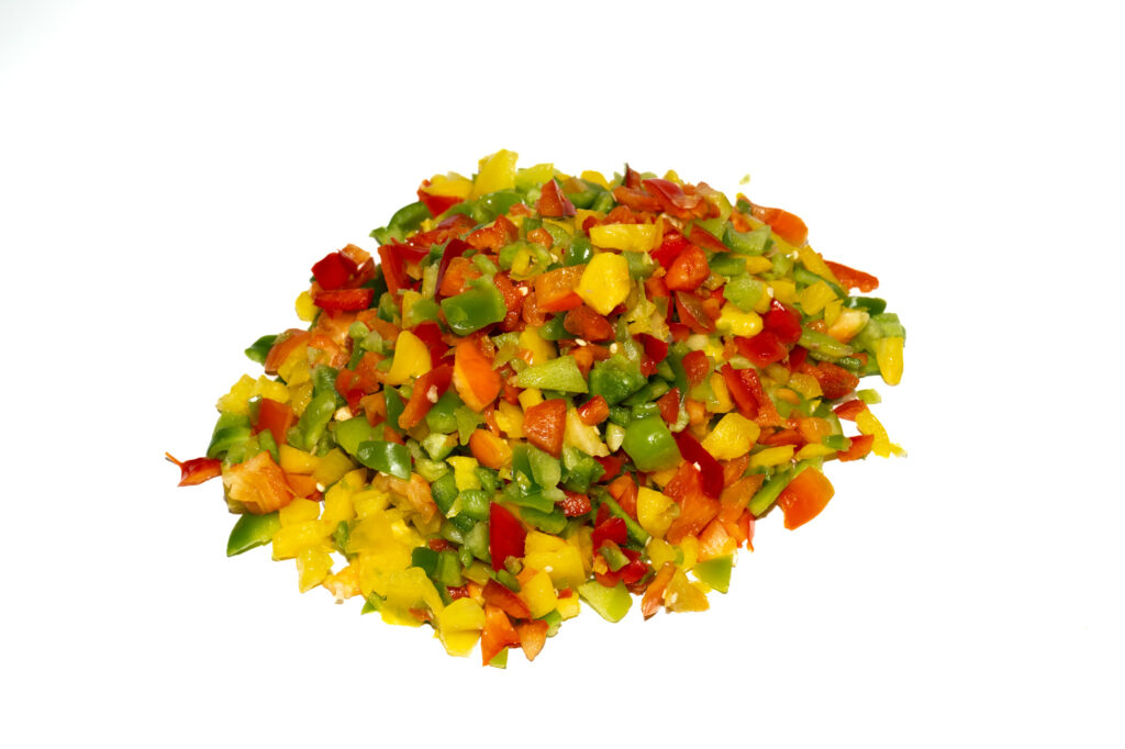 chopped mixed green, yellow and red peppers